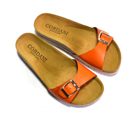 Orange sandals with brown soles and 'CORDANI' branding on a white background