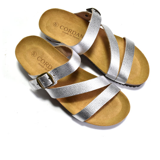 Pair of sandals with silver straps on a white background