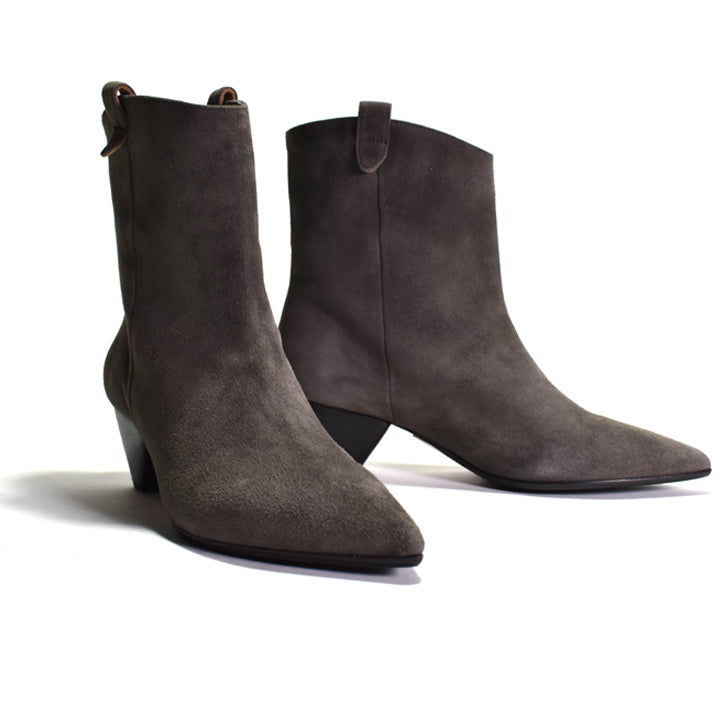 Pair of gray suede ankle boots on a white background