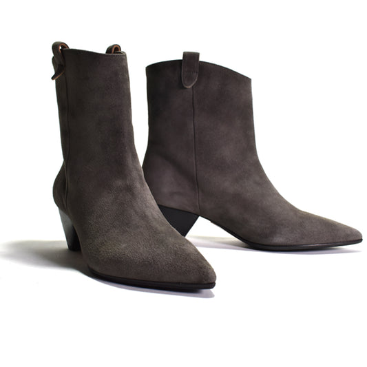 Pair of gray suede ankle boots on a white background