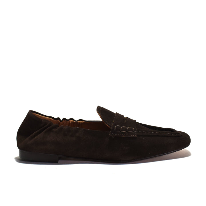 A single dark brown suede loafer shown in profile against a plain white background.