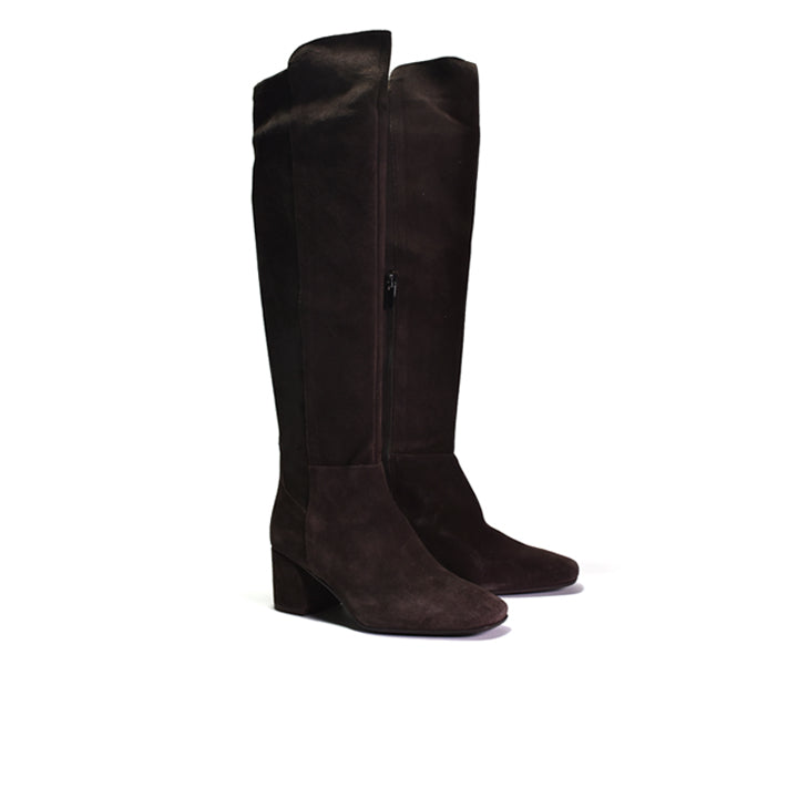 A pair of dark brown suede knee-high boots with low block heels and side zippers, shown against a plain white background.
