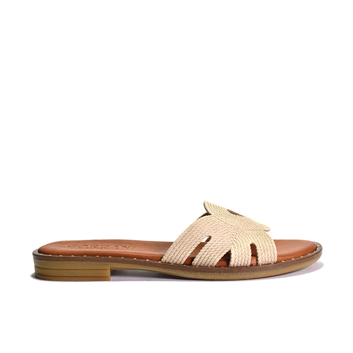 white flat sandals with suede upper and inlay stitch detail on a flat bottom, featuring padded footbed and leather lining.