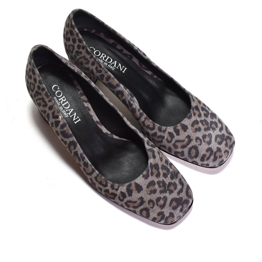 Pair of leopard print shoes with 'Cordani' branding on a white background