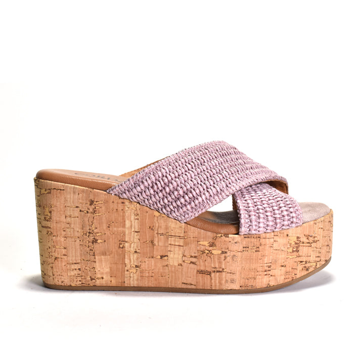 dusty rose dusty rose Slip on platform sandal with criss-cross raffia straps slip on a cork wrapped platform