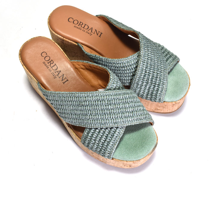 light blue Slip on platform sandal with criss-cross raffia straps slip on a cork wrapped platform on white background