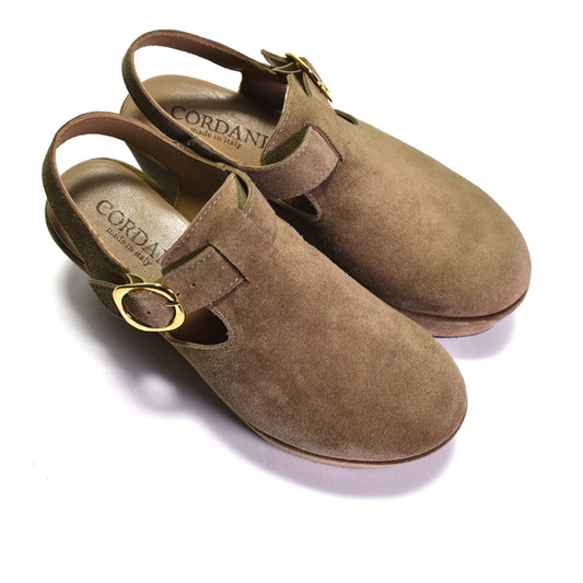 Brown suede clogs with gold buckle on a white background