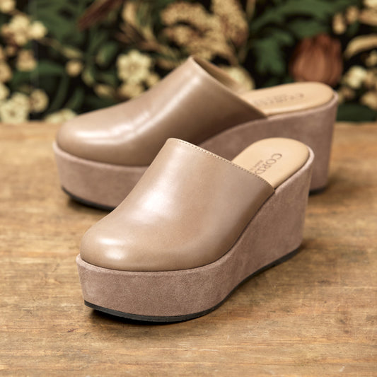 A pair of taupe platform mule sandals with smooth leather uppers and suede wedge soles, displayed on a rustic wooden surface with a blurred background of green foliage and dried flowers.