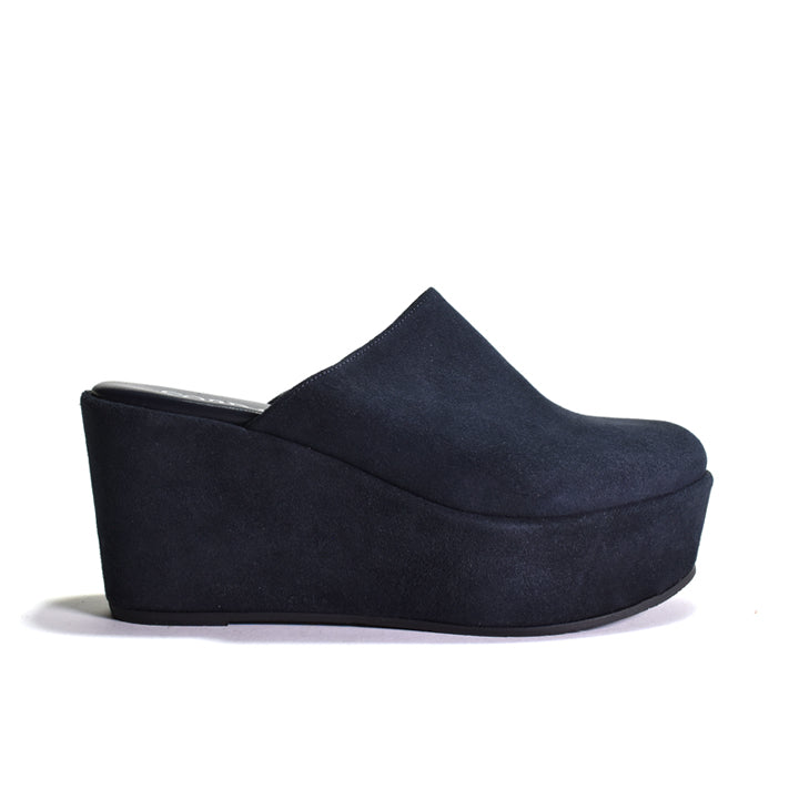 navy wedge shoe on a white background