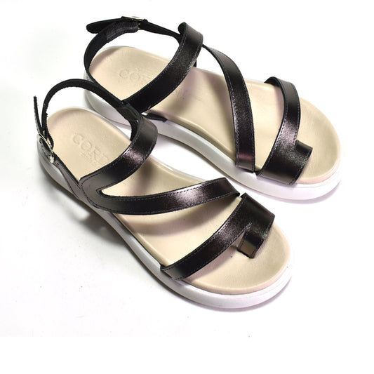 Pewter strappy sandals on a white background