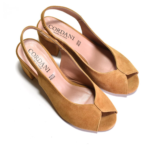 A pair of Cordani suede slingback peep-toe pumps in a warm tan/camel color, displayed on a clean white background.