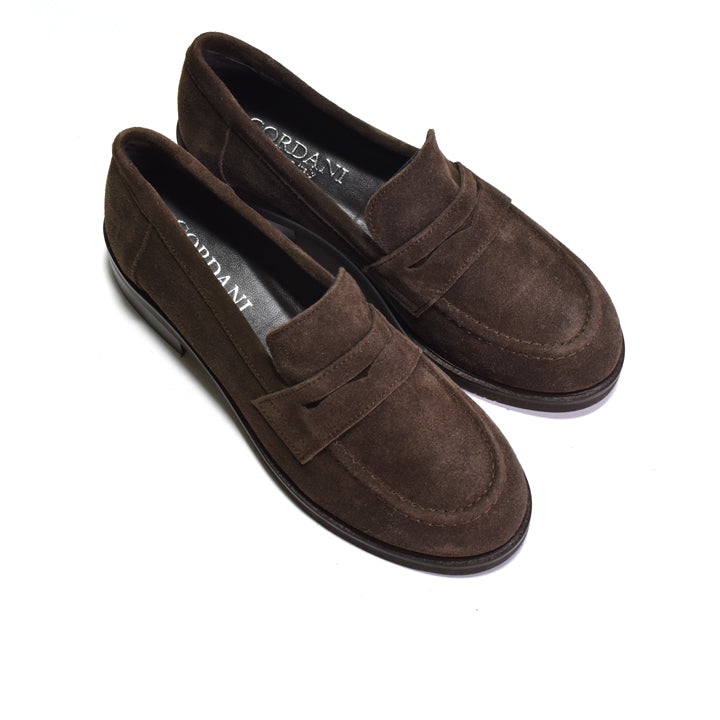 A pair of dark brown suede penny loafers by Cordani, displayed on a clean white background.