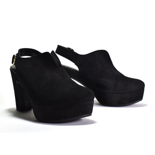 A pair of black platform slingback high heels made of suede, shown from the side and back on a white studio background.