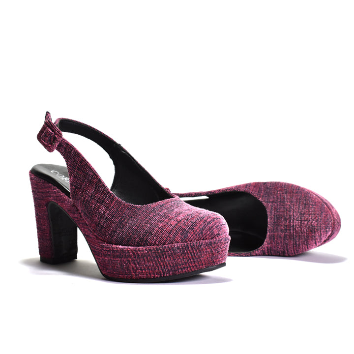 A pair of women's slingback high-heeled pumps with a textured, heathered fabric upper in a pink and purple blend, set against a plain white background.