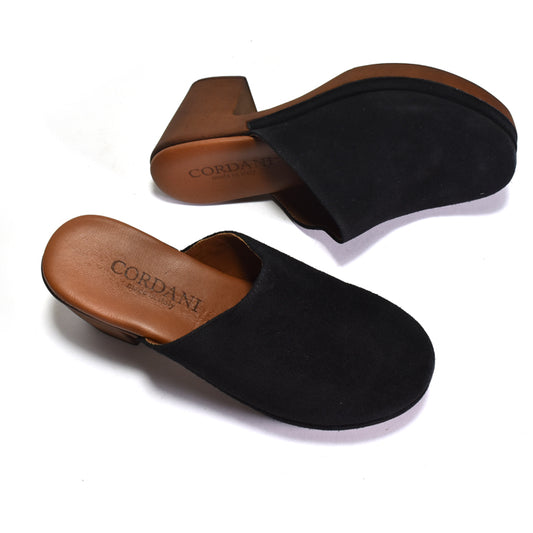 Black clogs with brown soles on a white background