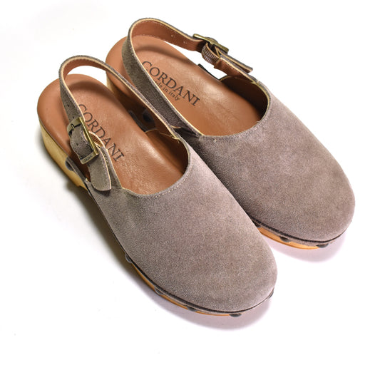 A pair of Cordani brand taupe suede slingback clogs with a chunky sole, displayed on a clean white background.