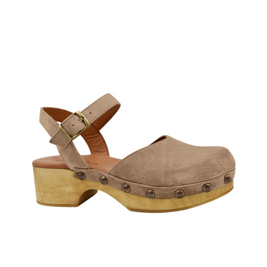 Brown suede clog shoe with wooden sole on a white background