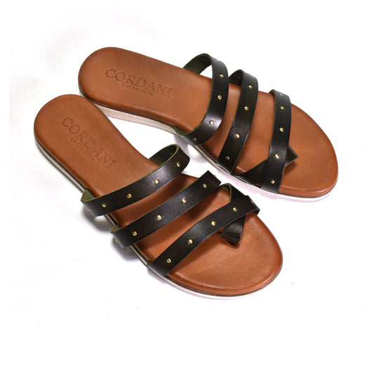 black Triple strap sandal with toe ring and leather foot bed