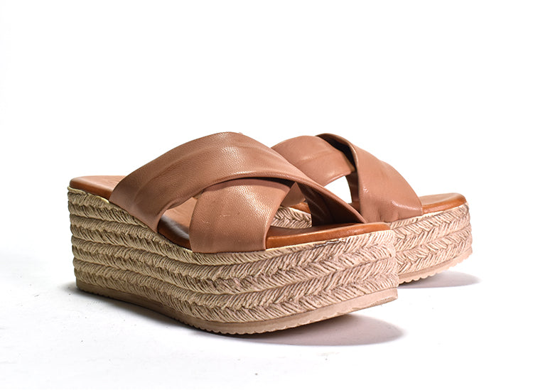 pair of tan platform sandals