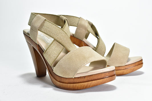 pair of green Criss cross stretch sling back sandals with suede toe strap on wooden heel