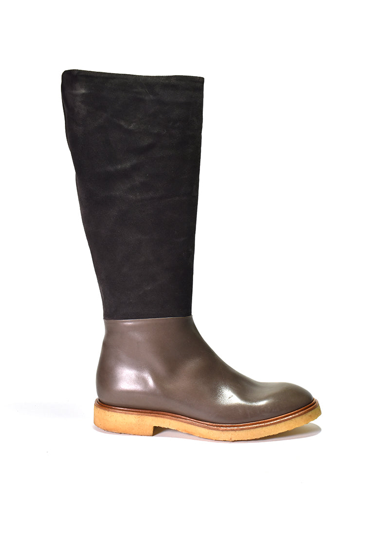 Brown and black knee high boot