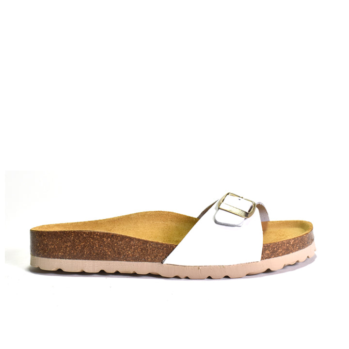 white single strap sandal leather upper with adjustable buckled strap
