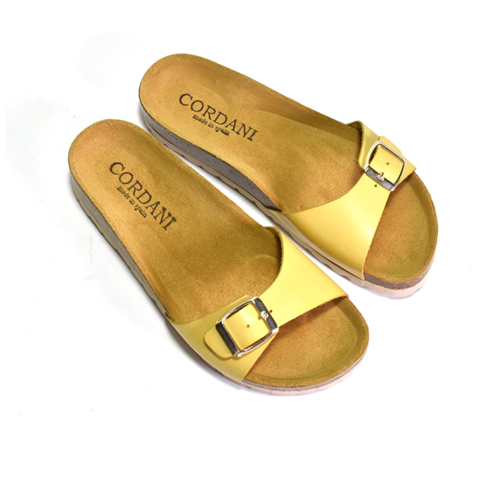 yellow single strap sandal leather upper with adjustable buckled strap