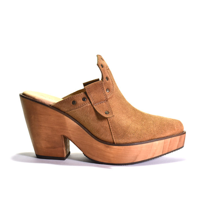 A single brown suede clog shoe with a chunky wooden platform heel and sole, shown from a side profile on a white background.