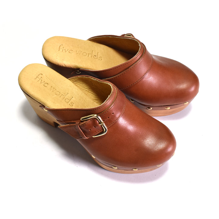 Pair of brown leather clogs with a visible brand name on a white background