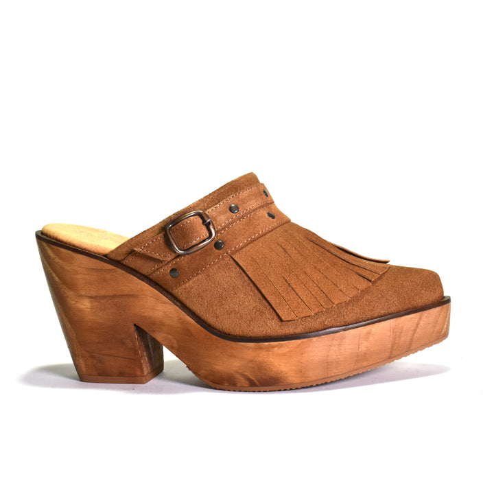 Brown suede clog shoe with fringes on a white background