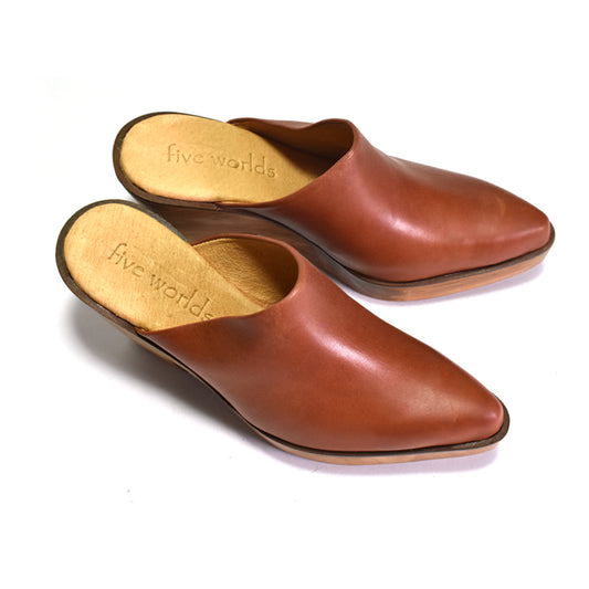 Pair of brown leather mules with 'five worlds' branding on a white background