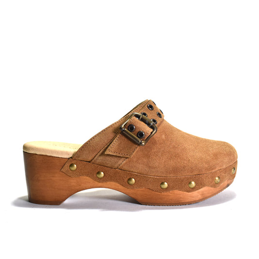 Brown wooden clog shoe with a strap and gold studs on a white background