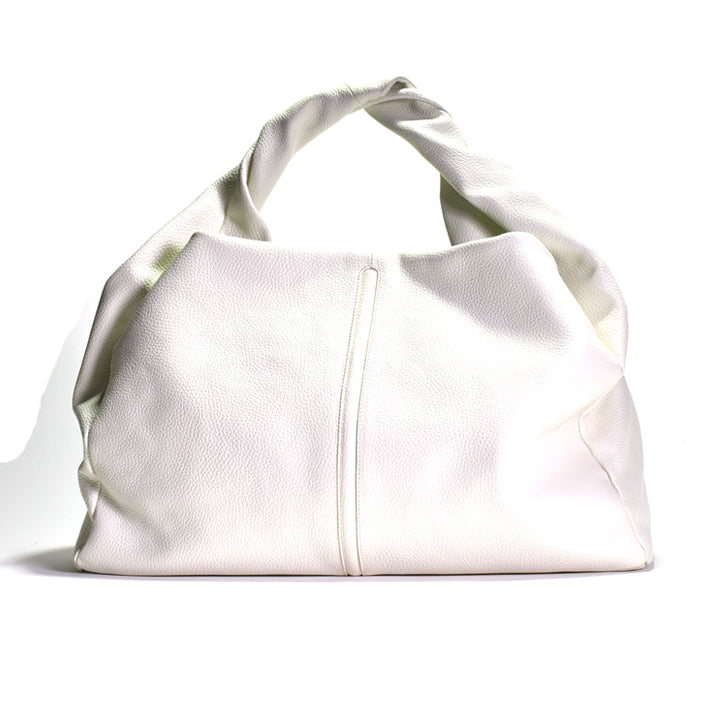 A white shoulder tote bag made of Italian pebbled leather with a cotton lining, featuring a silver colored hardware closure