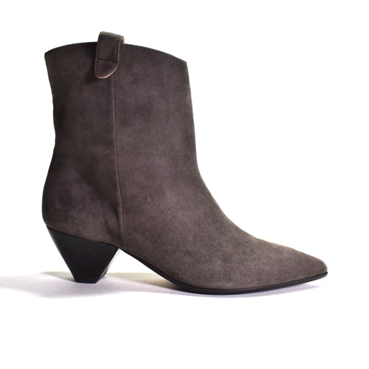 Gray ankle boot with a black heel on a white background