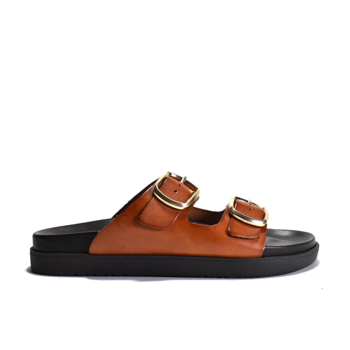 Brown sandal with gold buckles on a white background