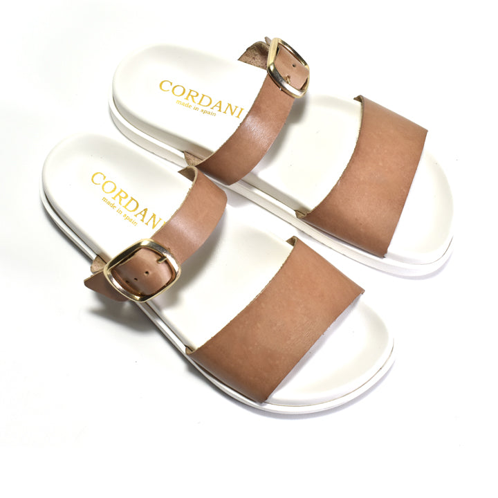 Brown sandals with gold buckles and 'CORDANI' branding on a white background