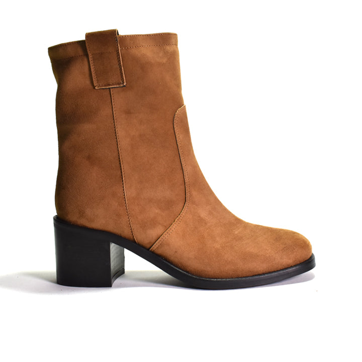 A single brown suede ankle boot with a black block heel and black sole, shown in a side profile on a white background.
