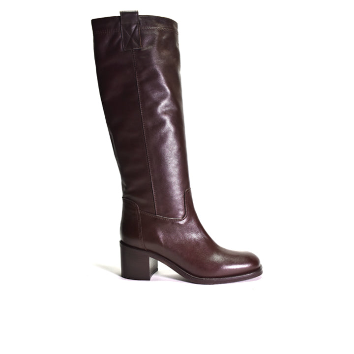 A dark brown leather knee-high boot with a block heel, shown from a side profile view against a plain white background.