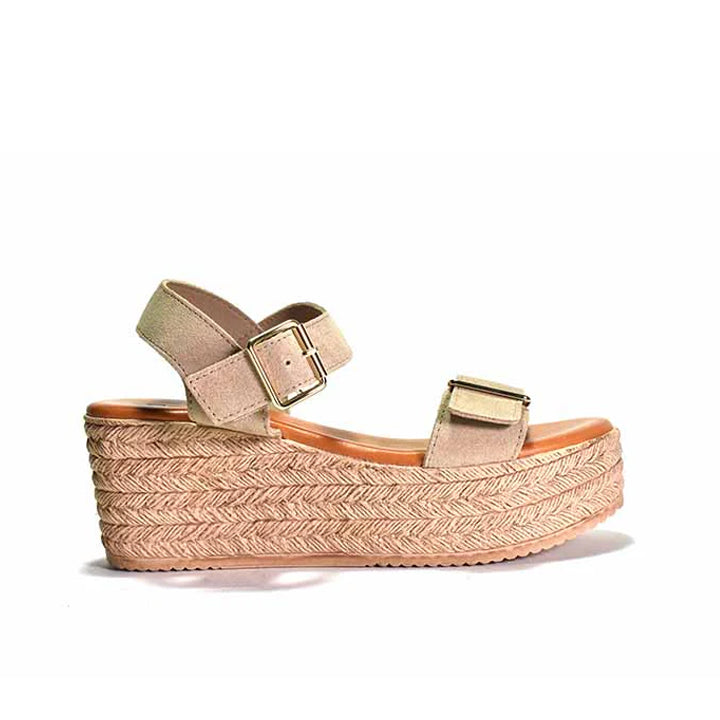 A metallic sandal with a buckle strap and a textured platform sole.