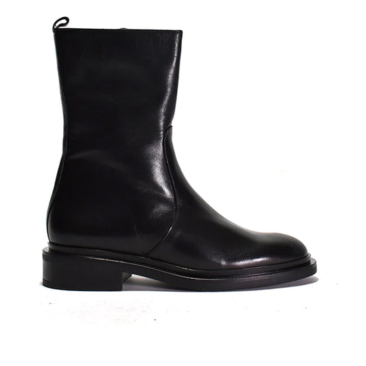 Black leather ankle boot with a stacked heel and inside zipper, displayed against a white background.