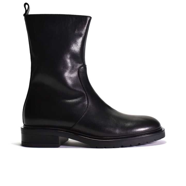 A single black leather Chelsea-style ankle boot with a low block heel and pull tab, shown in a side profile on a white background.