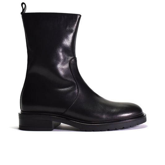 A single black leather Chelsea-style ankle boot with a low block heel and pull tab, shown in a side profile on a white background.