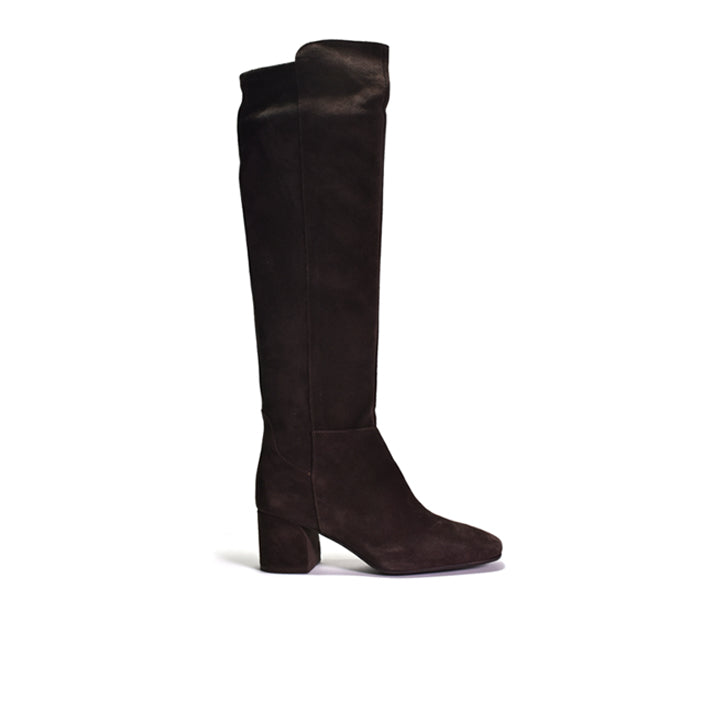 A dark brown suede knee-high boot with a block heel and pointed toe, shown in profile against a plain white background.