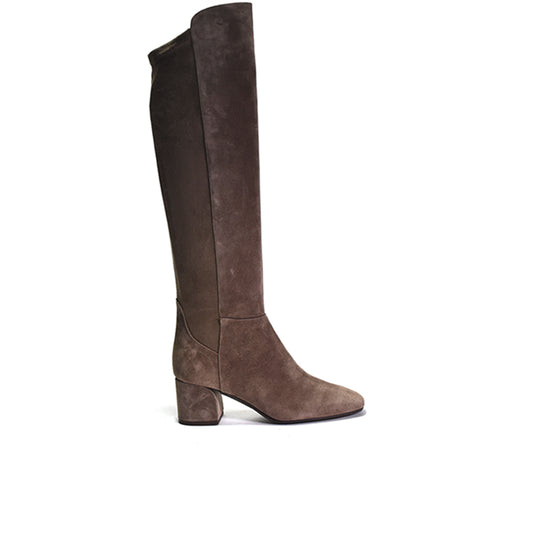 Brown knee-high boot on a white background