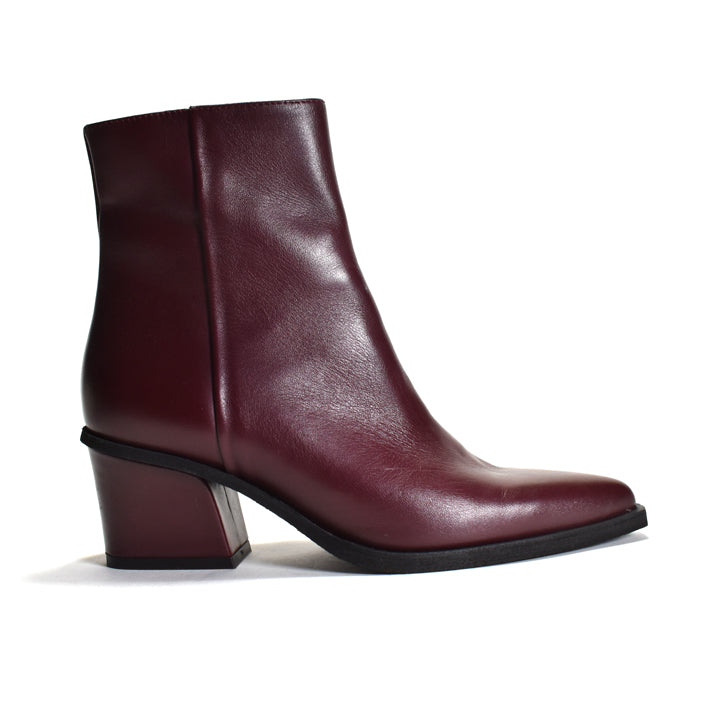 Maroon ankle boot on a white background