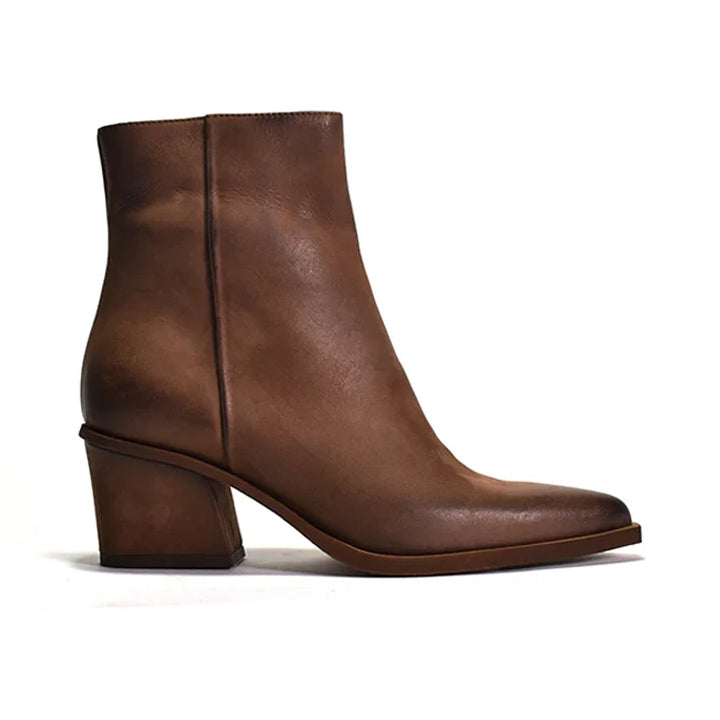 brown Western-style ankle bootie with a wrapped heel, visible zipper, and nubuck upper material.