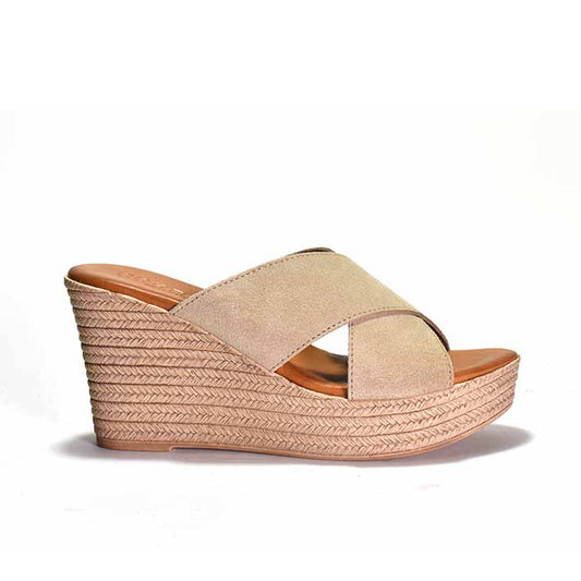 Beige wedge sandal with espadrille sole on a white background