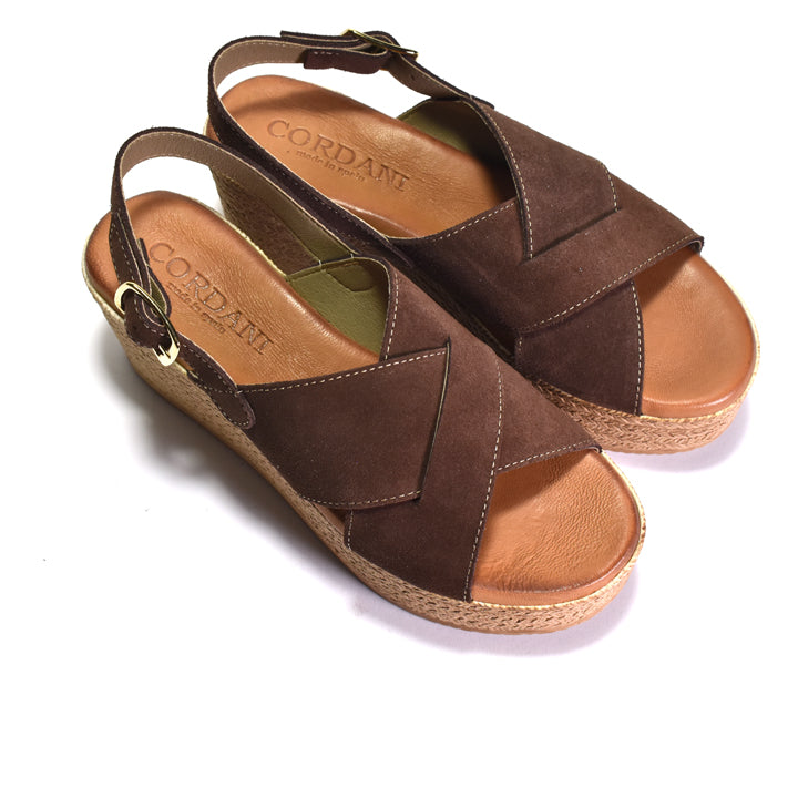 A pair of dark brown suede wedge sandals with criss-cross straps, ankle buckles, and natural jute-wrapped espadrille soles, shown on a white background.