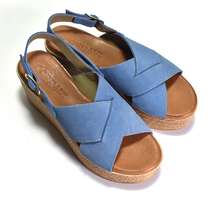 A pair of blue suede wedge sandals with crisscross straps, adjustable ankle buckles, tan insoles, and espadrille-like wedges, photographed on a white background.