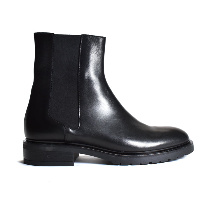 A black leather Chelsea boot with a black elastic side panel, shown in a side profile view against a plain white background.